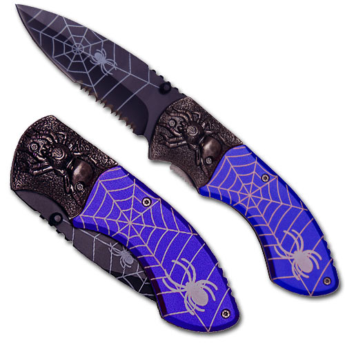 Spider Web Tactical Steel Handle Folding Knife Blue picture
