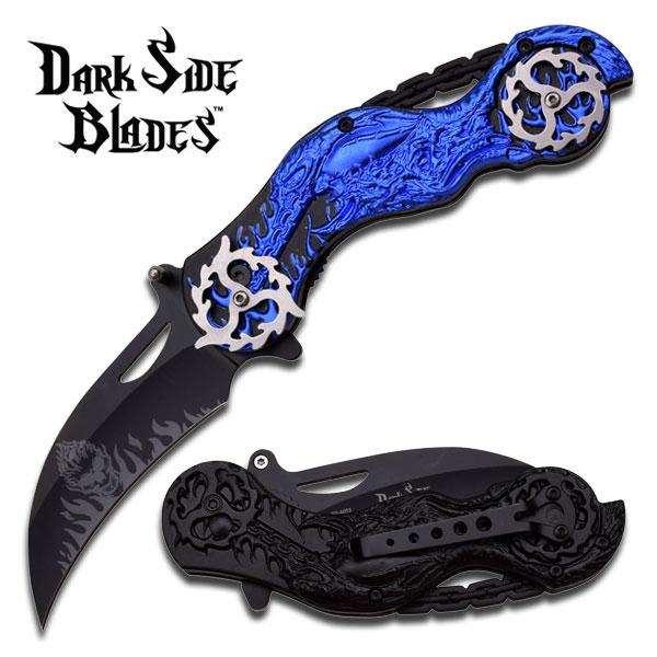 Dark Side Blades Chopper Spring Assisted Biker Knife Blue Demonic Ballistic Series picture