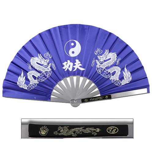 13" Chinese Kung Fu Martial Arts Tai Chi Dragon Stainless Steel Frame Fan BLUE