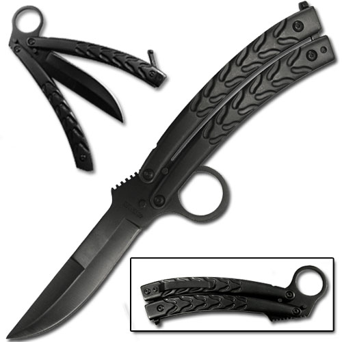 CURVED BLACK RING QUILLON BALISONG BUTTERFLY KNIFE picture