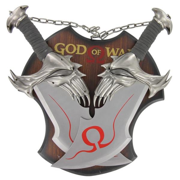 God Of War Twin Blade Short Dagger Set w Wall Plaque Steel Chain Linked