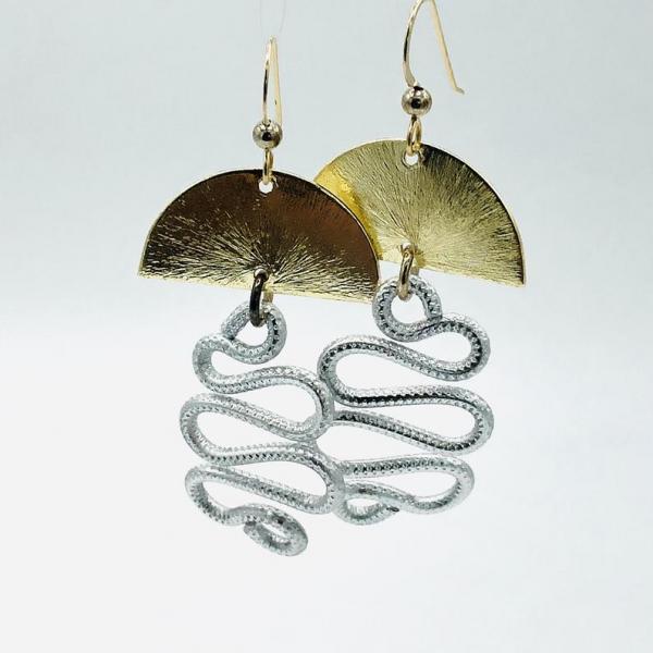 DianaHDesigns half moon & swirl dangle earrings in elegant gold and silver tones. Hand formed wire, lightweight, sexy, gold-filled earwires picture