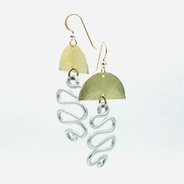DianaHDesigns half moon & swirl dangle earrings in elegant gold and silver tones. Hand formed wire, lightweight, sexy, gold-filled earwires