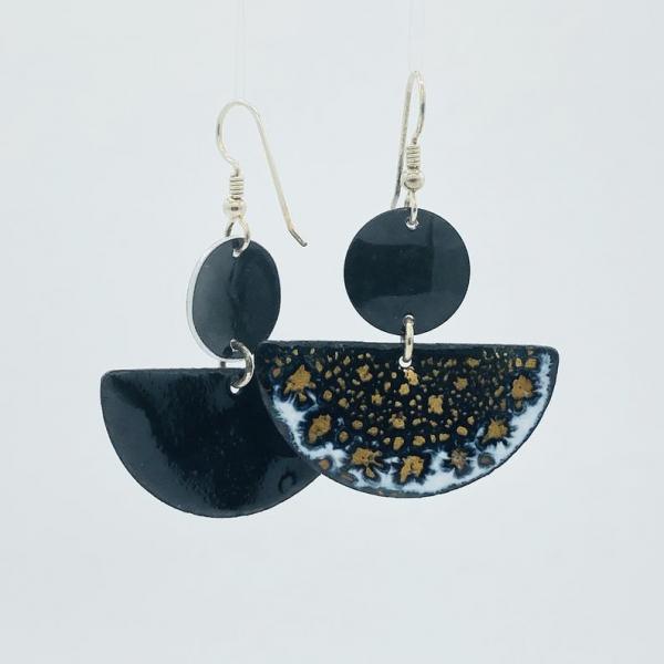 Enamel half-moon earrings one-of-a-kind in black/gold/white enamel dangle w/sterling silver pierced ear wires handmade elegant and casual!