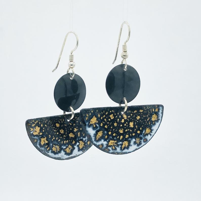 Enamel half-moon earrings one-of-a-kind in black/gold/white enamel dangle w/sterling silver pierced ear wires handmade elegant and casual! picture