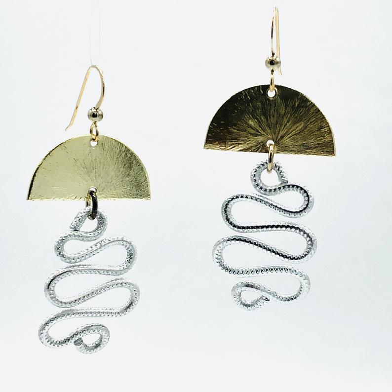 DianaHDesigns half moon & swirl dangle earrings in elegant gold and silver tones. Hand formed wire, lightweight, sexy, gold-filled earwires picture