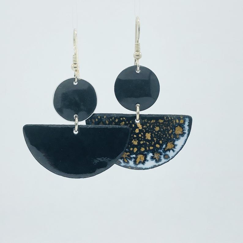 Enamel half-moon earrings one-of-a-kind in black/gold/white enamel dangle w/sterling silver pierced ear wires handmade elegant and casual! picture