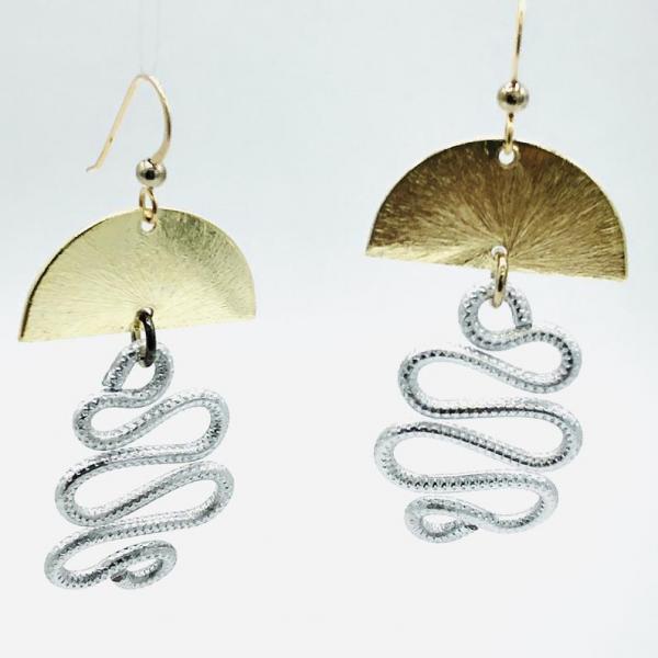 DianaHDesigns half moon & swirl dangle earrings in elegant gold and silver tones. Hand formed wire, lightweight, sexy, gold-filled earwires picture