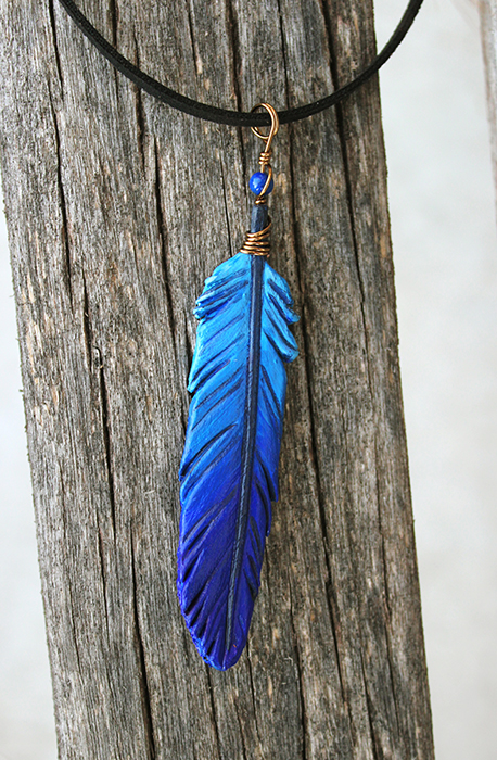 Deep Blue Leather Feather Pendant