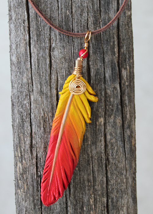 Yellow and Red Phoenix - Leather Feather Pendant