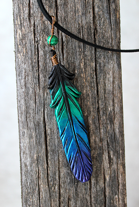 Green, Blue and Purple Iridescent Leather Feather Pendant