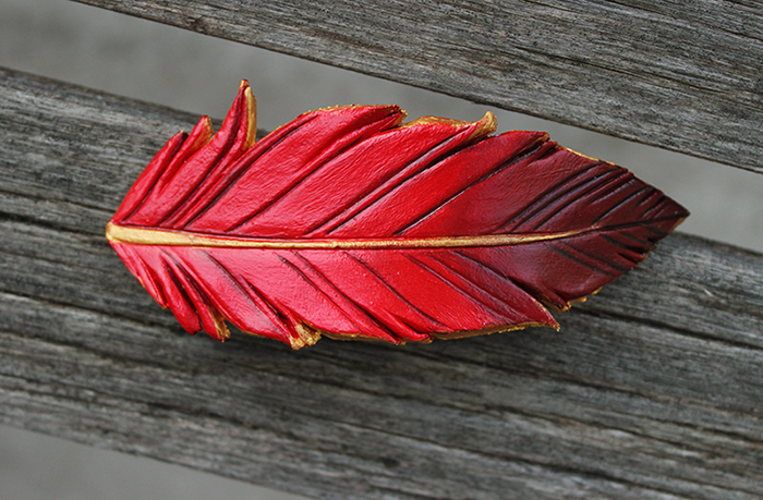 Red and Gold Phoenix Leather Feather Barrette - 4 inches