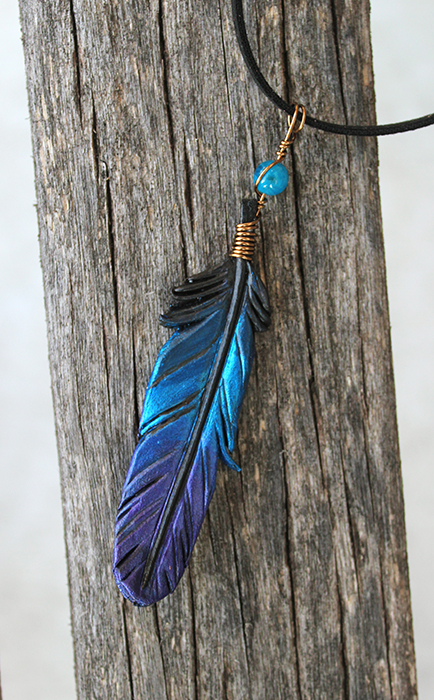 Blue and Purple Iridescent Leather Feather Pendant