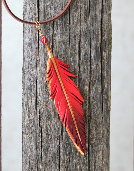 Red and Gold Phoenix - Leather Feather Necklace