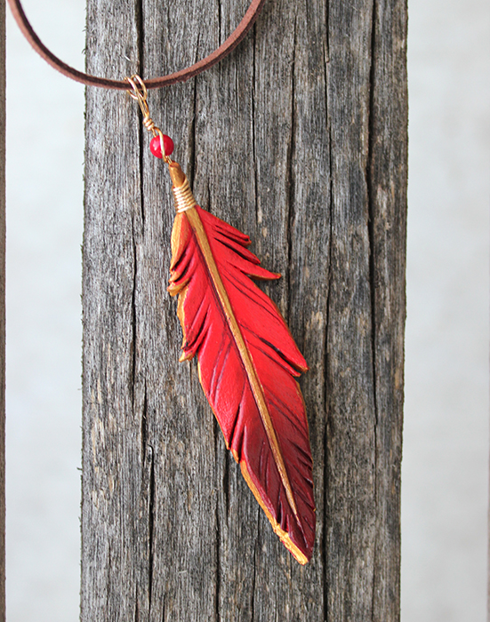 Red and Gold Phoenix - Leather Feather Necklace picture