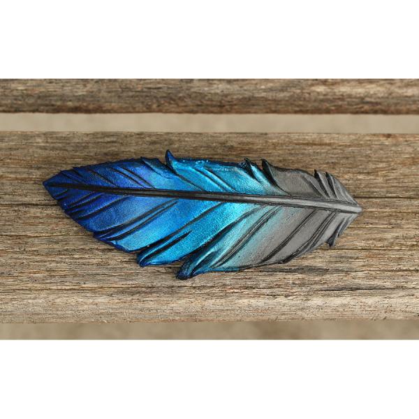 Iridescent Blue Leather Feather Barrette - 4 inches