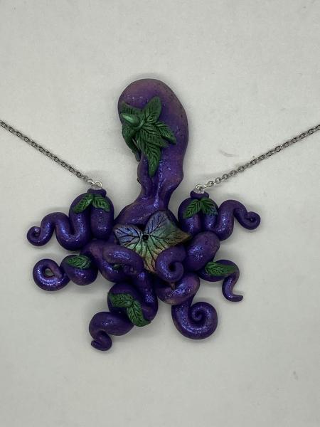 Purple octopus necklace with leaves polymer clay picture