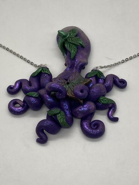 Purple octopus necklace with leaves polymer clay