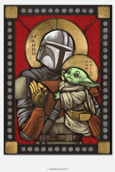 Mando & Child - icon style Stained Glass window cling