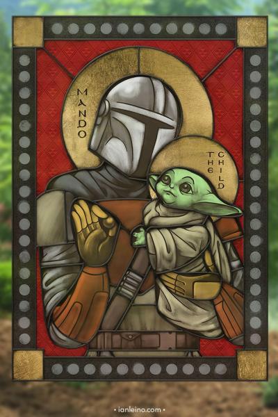 Mando & Child - icon style Stained Glass window cling picture