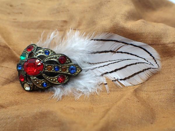 Upcycled Vintage Gem-Encrusted Hair Clip with White Feather picture
