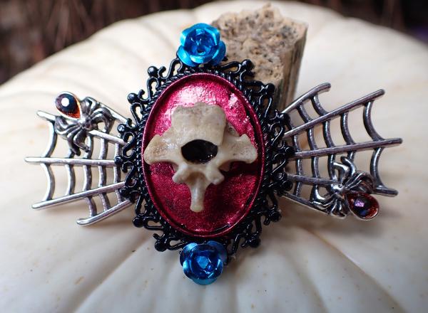 Real Chicken Vertebra Brooch with Blue Metal Roses and Silver Spider Webs Gothic Brooch