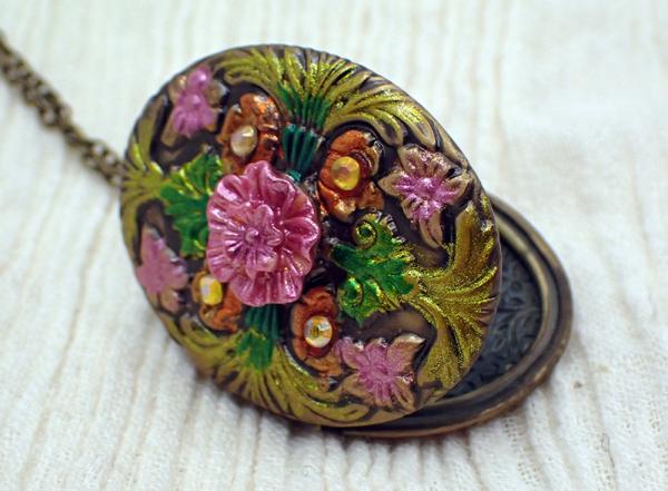 Flower Bronze Locket Necklace with Gem Cabochons | Fancy Victorian, Antique, Vintage-Inspired Jewelry