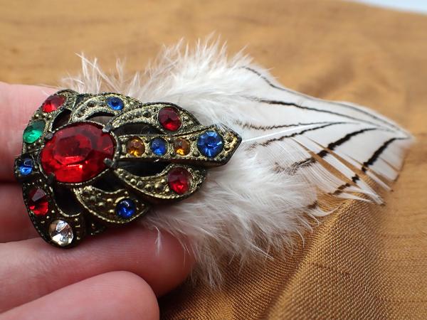 Upcycled Vintage Gem-Encrusted Hair Clip with White Feather