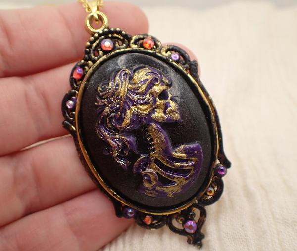 Skeletal Woman Cameo Gold and Purple Necklace | Halloween, Gothic, Victorian, Antique, Vintage-Inspired Jewelry picture
