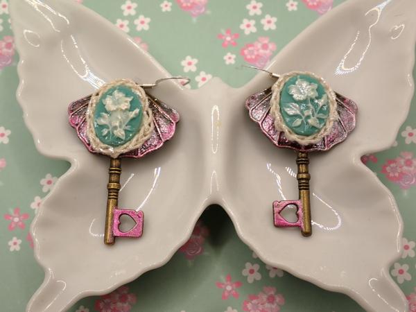 Blue & Pink Rose Cameo Crochet Details Bronze Key Earrings