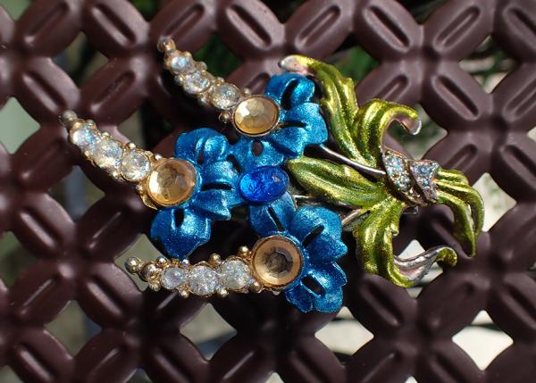 Refurbished Metal Flower with Gem Cabochons Hair Clip | Upcycled Vintage, Art Nouveau Antique Costume Accessory