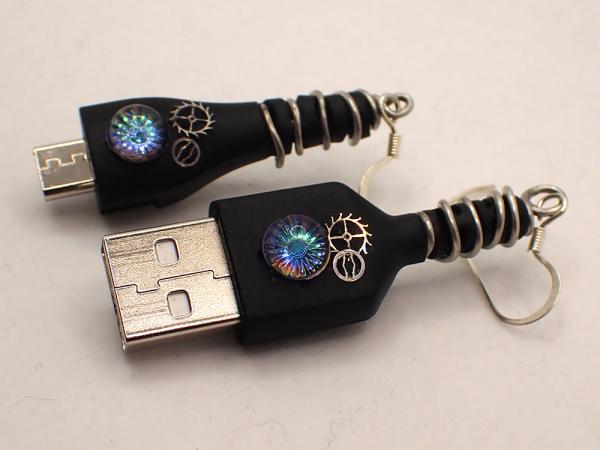 Mismatched USB Earrings with cogs and gem cabochons | Upcycled Jewelry