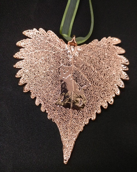 Cat Silhouette on Rose Gold Cottonwood Leaf Ornament - 264-363RSLGD picture
