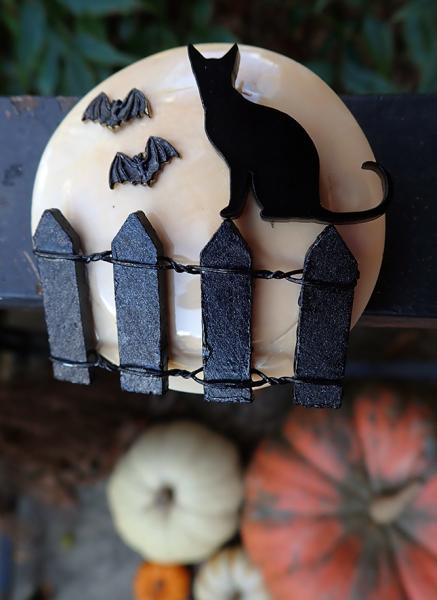 Black Cat on Fence and Bats against a Full Moon Gothic Brooch | Halloween Autumn Jewelry