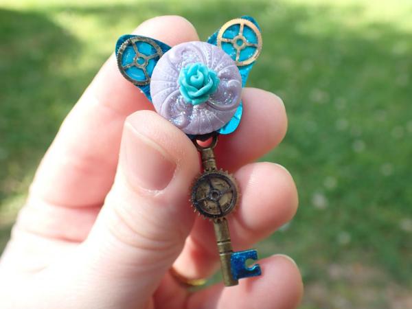 Blue Butterfly Purple Button Blue Rose with Gears Key OOAK Brooch/Pin | Vintage, Antique, Victorian Costume Accessory