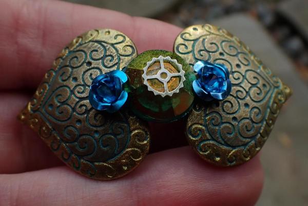 Verdigris Bronze Hearts &amp; Gem, Blue Metal Flowers, Watch Gear Steampunk OOAK Hair Clip | Vintage, Antique, Victorian Costume Accessory