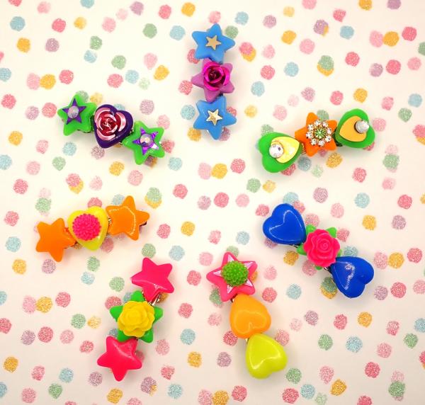 Decora Kei Colorful Rainbow Bead Hair Clips | 80s &amp; 90s Style Chunky Party Rave Disco Blacklight Jewelry
