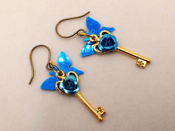 Tiny Key Earrings with Sequins and Metal Rosettes picture