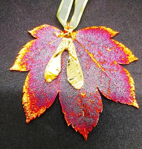 Iridescent Full Moon Maple Leaf with gold Maple seed Ornament - 264-317I
