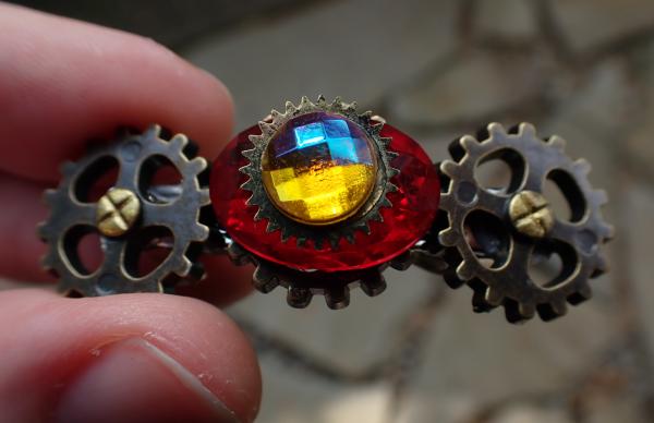 Red & Gold Jewel with Cogs Steampunk Hair Clip
