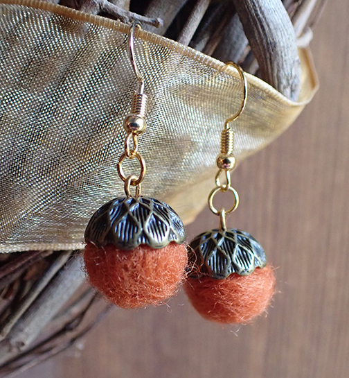 Handmade Felted Wool and Bronze Cap Acorn Earrings picture