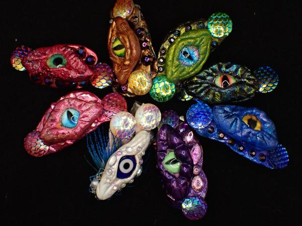 Hand-Sculpted Dragon Eye with Scales and Gems OOAK Hair Clips | Fantasy Creature Monster Costume Accessory