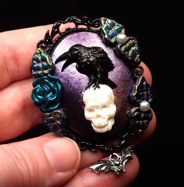 Haunted Mansion Homage Crow on a Skull Brooch