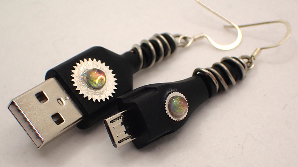 Upcycled Mismatched USB Earrings with Cogs and Gem Cabochons picture