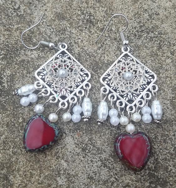 Red Heart & Pearl Bead Silvery Dangly Chandelier Earrings picture