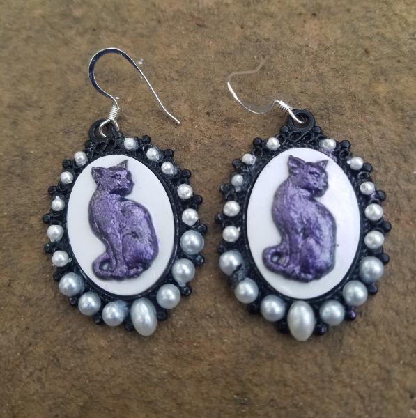 Purple Cat Gothic Cameo and Pearl Earrings