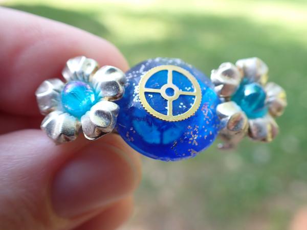 Blue Gem with Silver Flowers and Gears Hair Clip