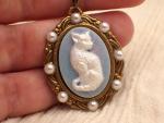 White and Blue Cat Cameo Bronze Necklace with Pearl Cabochons Necklace