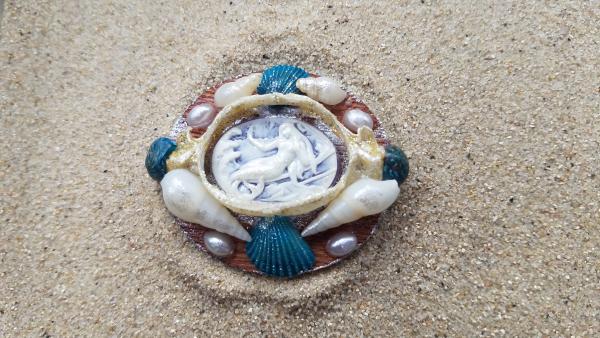 The Siren: Mermaid Cameo inside Shark Jaw with Real Dyed Shells Brooch picture