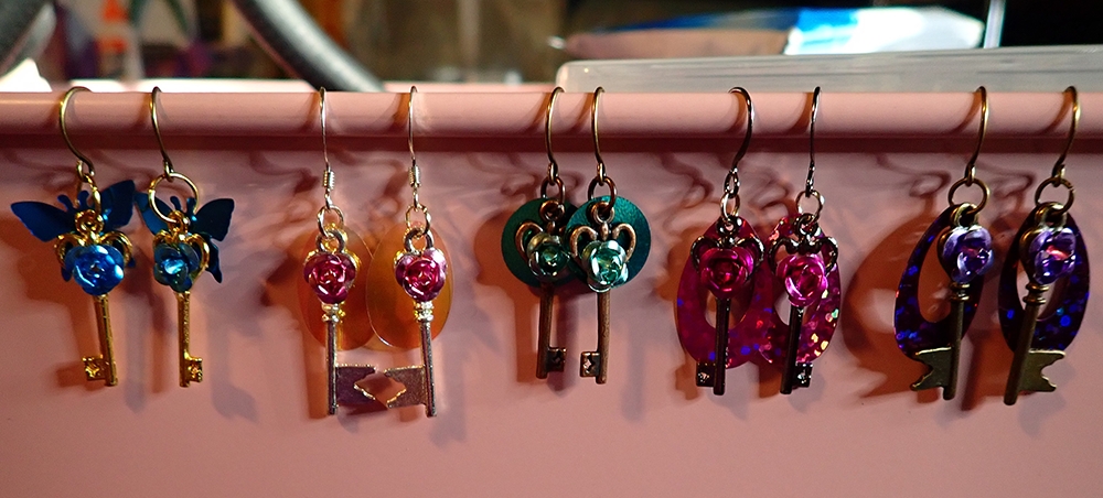 Tiny Key Earrings with Sequins and Metal Rosettes